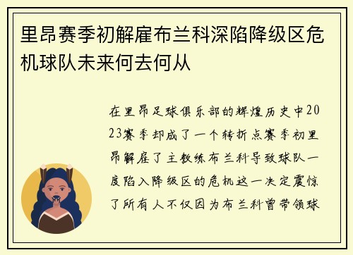 里昂赛季初解雇布兰科深陷降级区危机球队未来何去何从